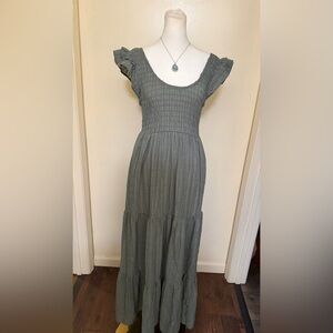 Smocked Ruffle Sleeve Maxi/ midi  Dress in Sage Green NWT by Penelope Rose